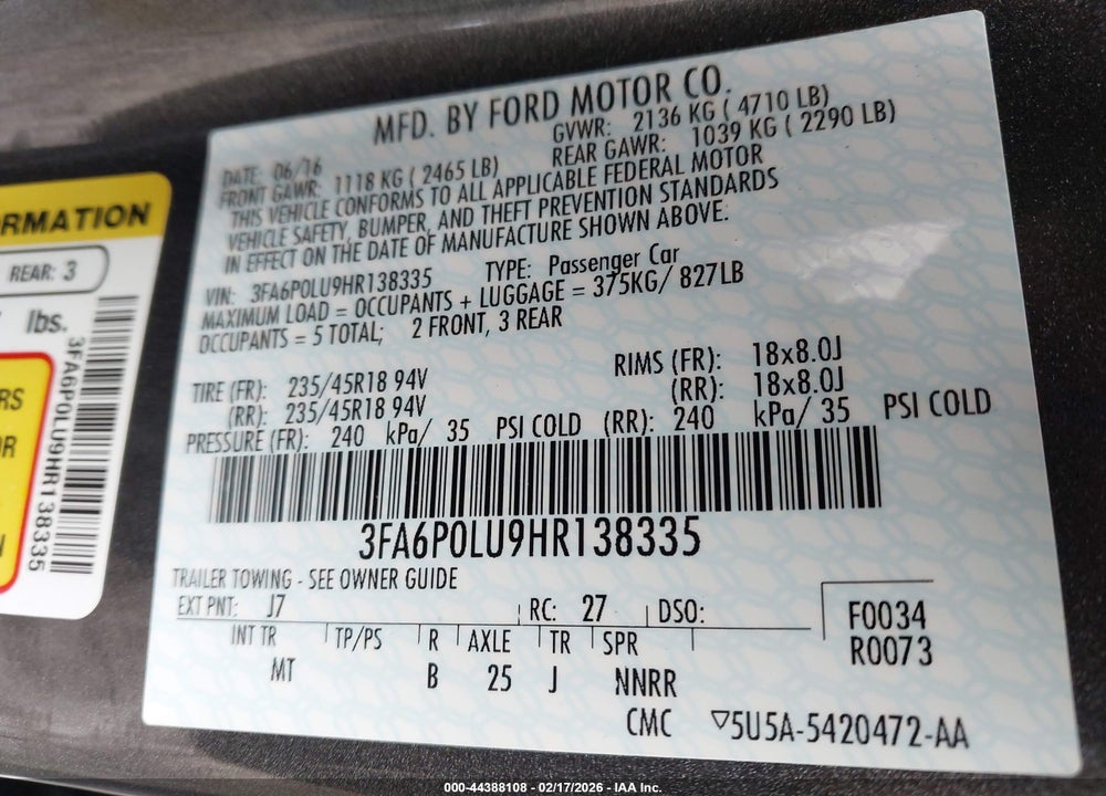 2017 FORD FUSION HYBRID SE VIN: 3FA6P0LU9HR138335