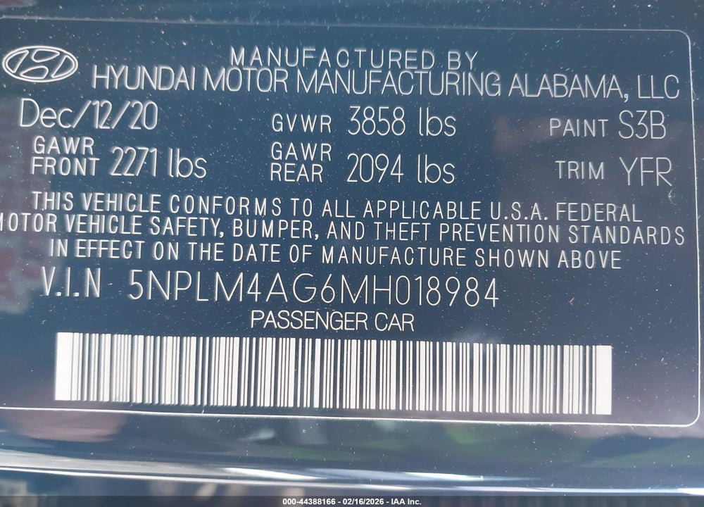 2021 HYUNDAI ELANTRA SEL VIN: 5NPLM4AG6MH018984