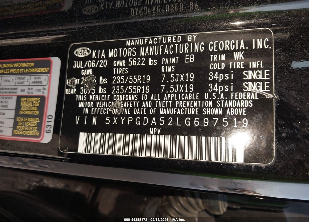 2020 KIA SORENTO 3.3L S VIN: 5XYPGDA52LG697519