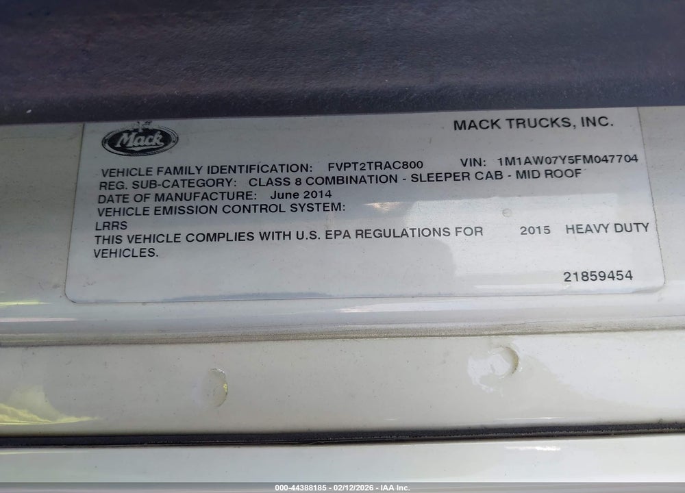 2015 MACK 600 CXU600 VIN: 1M1AW07Y5FM047704