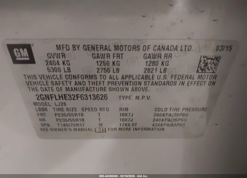 2015 CHEVROLET EQUINOX LTZ VIN: 2GNFLHE32F6313626
