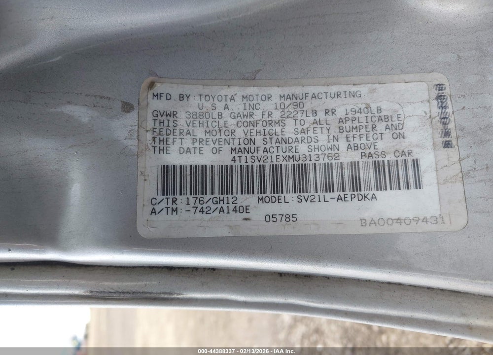 1991 TOYOTA CAMRY DLX VIN: 4T1SV21EXMU313762