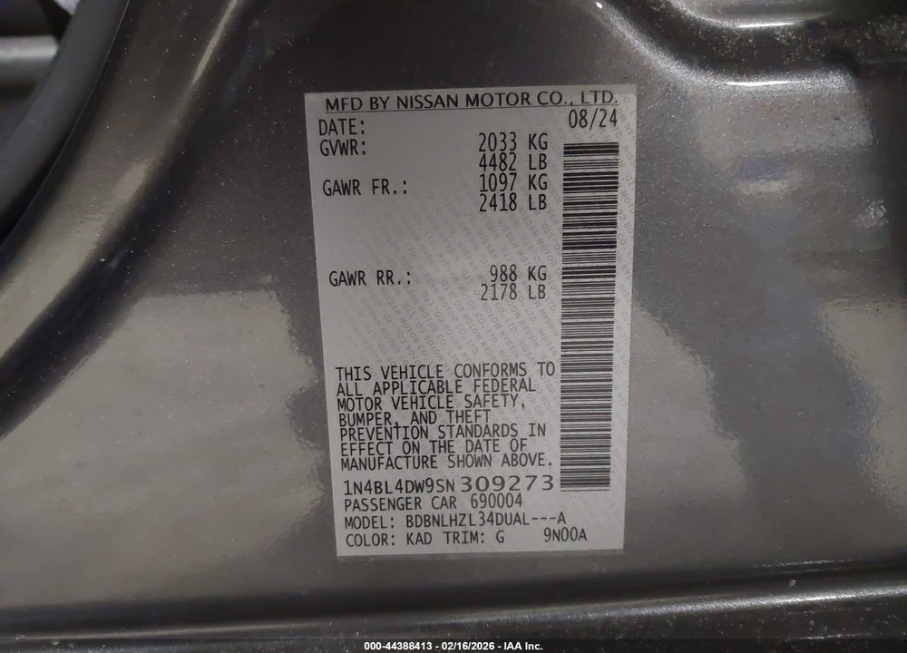 2025 NISSAN ALTIMA SV AWD VIN: 1N4BL4DW9SN309273