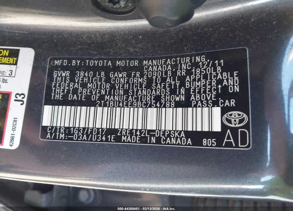 2011 TOYOTA COROLLA S VIN: 2T1BU4EE9BC754788