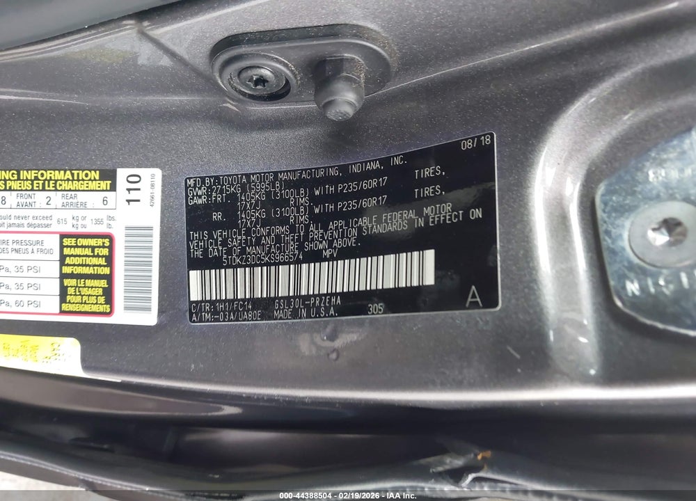 2019 TOYOTA SIENNA LE 8 PASSENGER VIN: 5TDKZ3DC5KS966574
