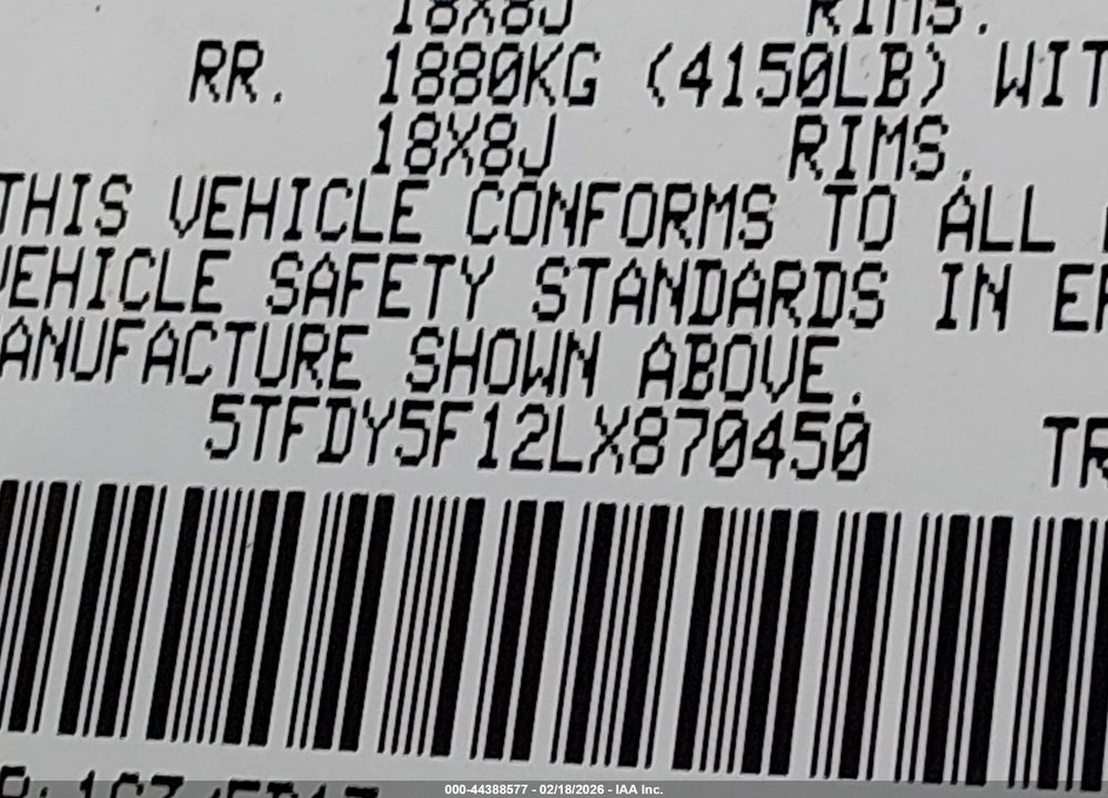 2020 TOYOTA TUNDRA SR5 VIN: 5TFDY5F12LX870450