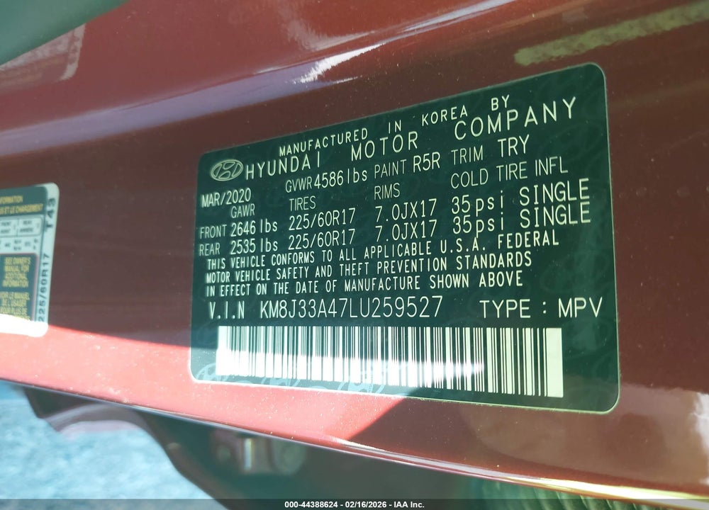 2020 HYUNDAI TUCSON VALUE VIN: KM8J33A47LU259527