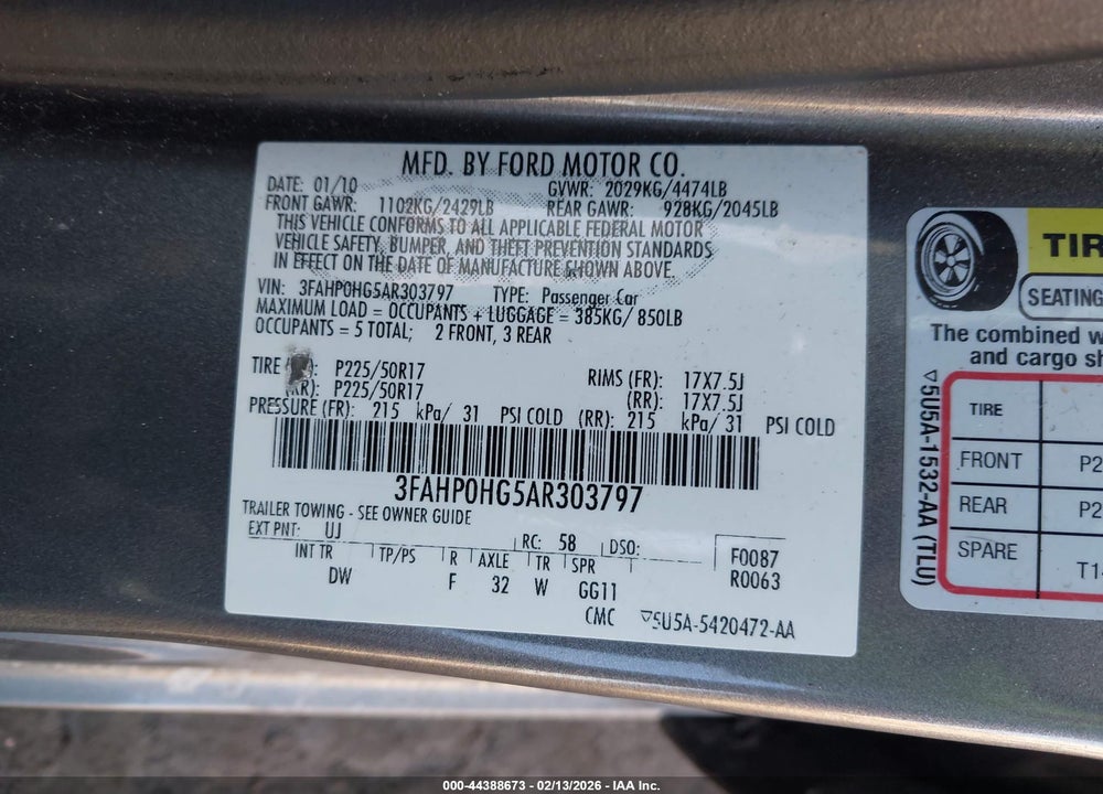 2010 FORD FUSION SE VIN: 3FAHP0HG5AR303797