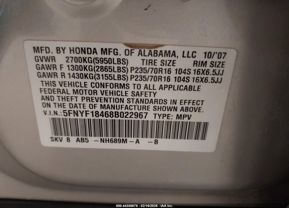 2008 HONDA PILOT EX VIN: 5FNYF18468B022967