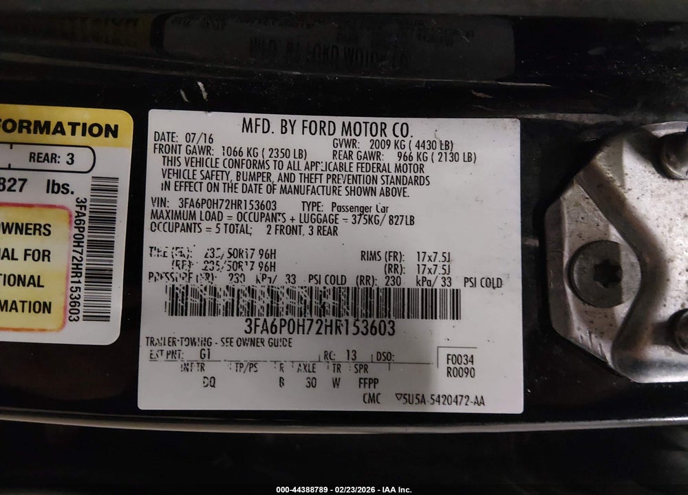 2017 FORD FUSION SE VIN: 3FA6P0H72HR153603
