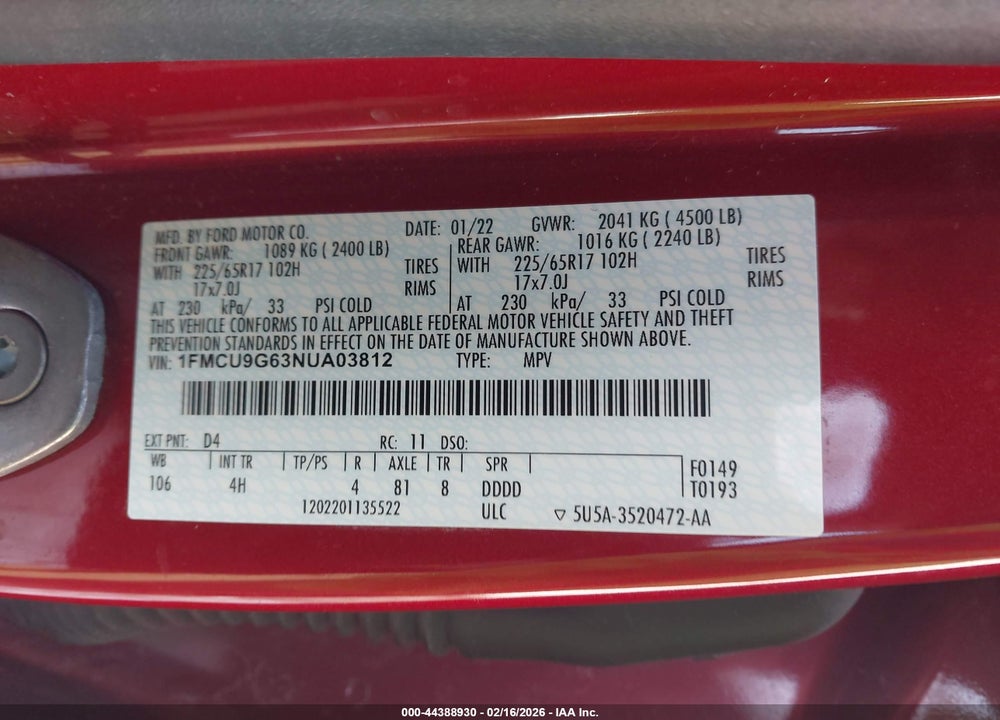 2022 FORD ESCAPE SE VIN: 1FMCU9G63NUA03812