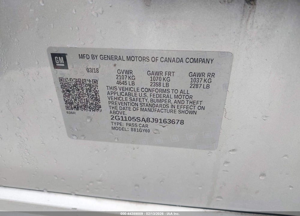 2018 CHEVROLET IMPALA 1LT VIN: 2G1105SA8J9163678