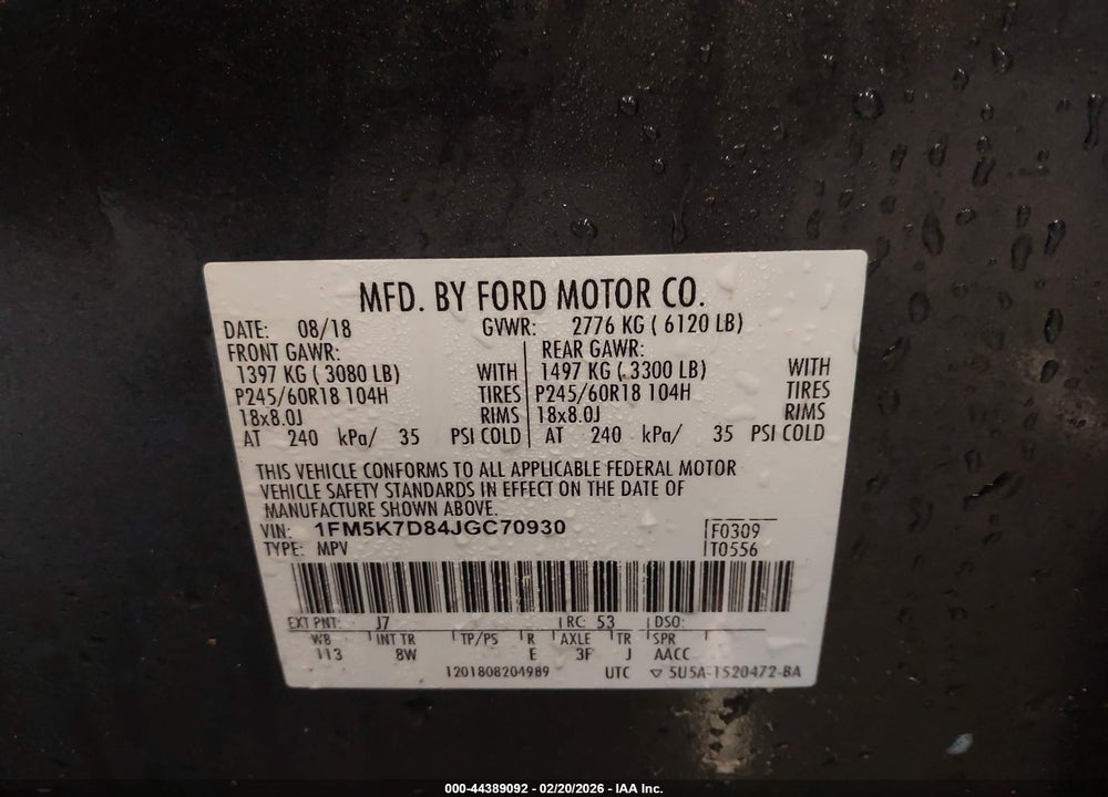 2018 FORD EXPLORER XLT VIN: 1FM5K7D84JGC70930
