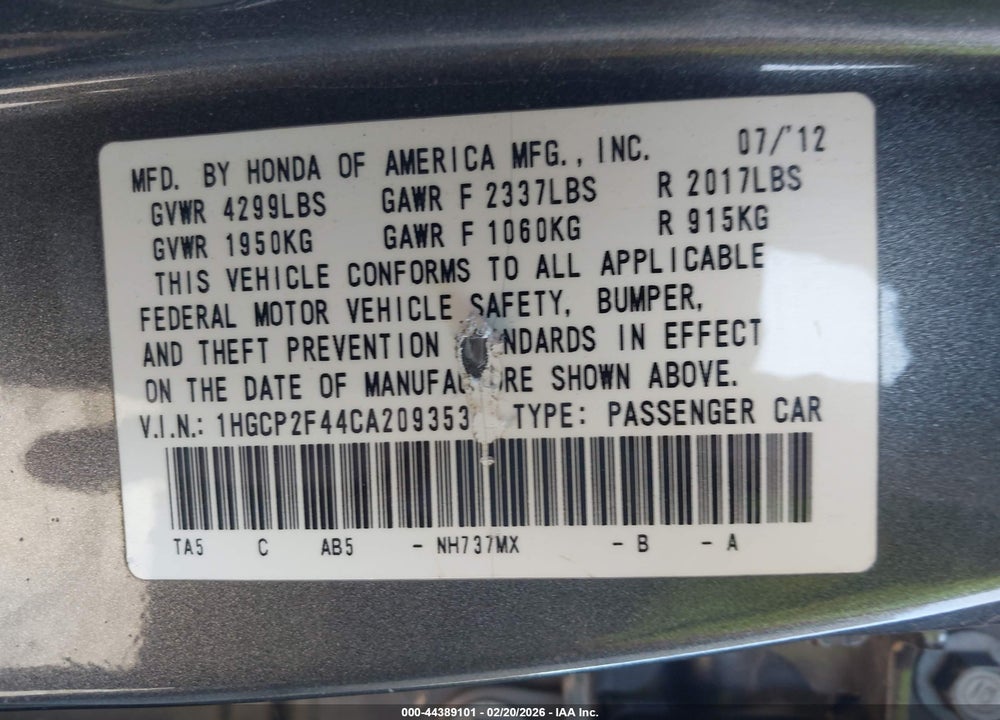2012 HONDA ACCORD 2.4 LX-P VIN: 1HGCP2F44CA209353