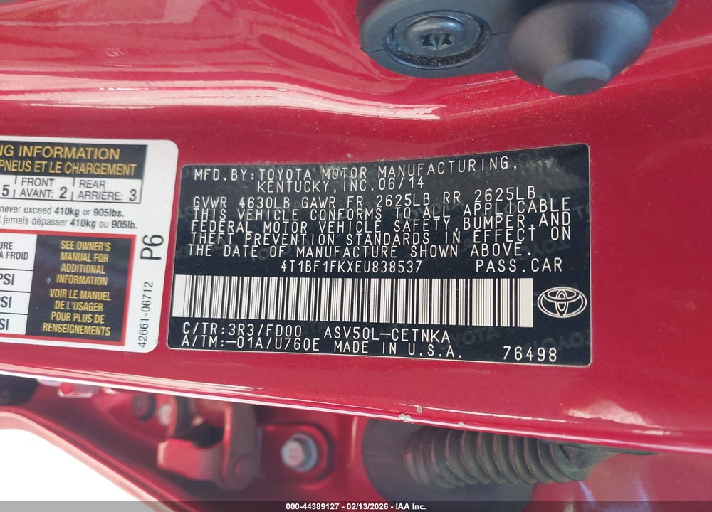 2014 TOYOTA CAMRY L/SE/LE/XLE VIN: 4T1BF1FKXEU838537