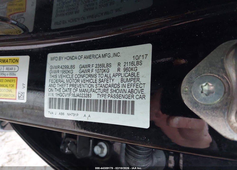 2018 HONDA ACCORD LX VIN: 1HGCV1F16JA023283