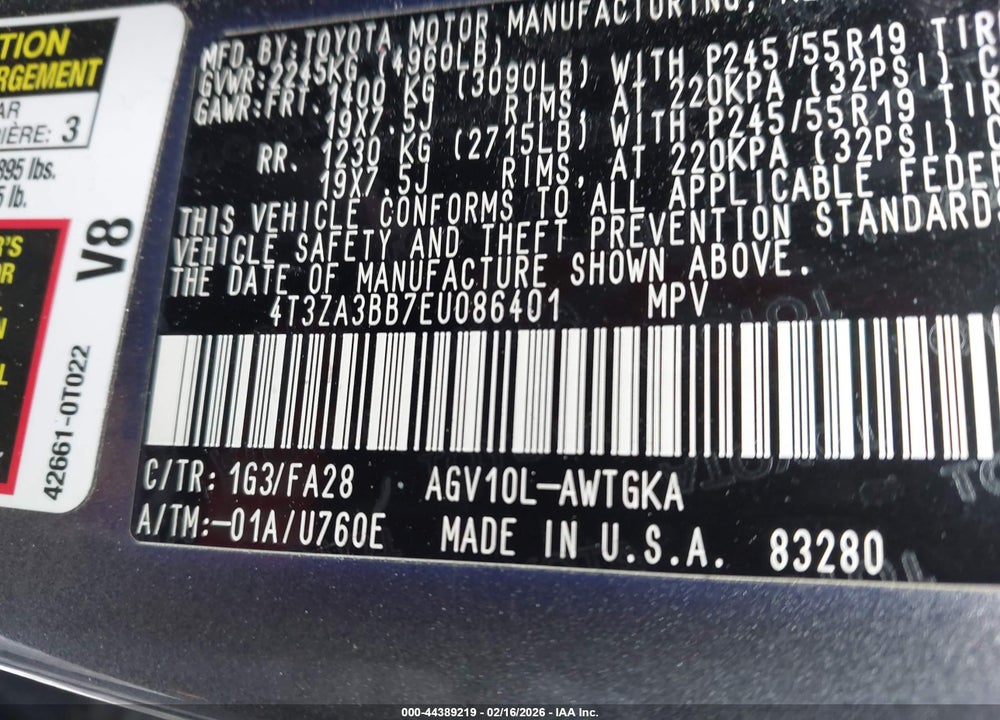 2014 TOYOTA VENZA LE VIN: 4T3ZA3BB7EU086401
