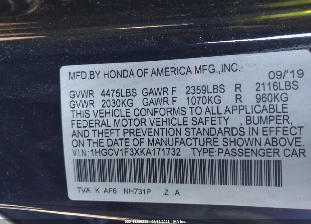 2019 HONDA ACCORD SPORT VIN: 1HGCV1F3XKA171732