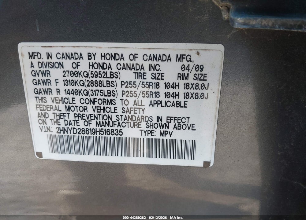 2009 ACURA MDX TECHNOLOGY PACKAGE VIN: 2HNYD28619H516835