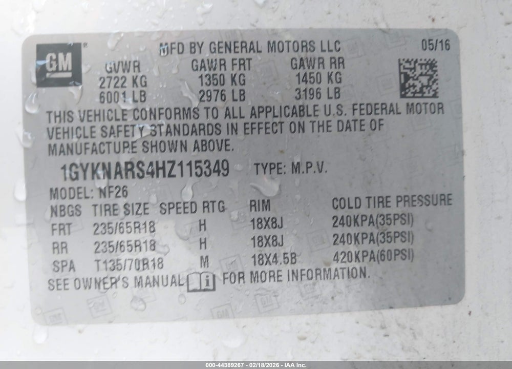 2017 CADILLAC XT5 STANDARD VIN: 1GYKNARS4HZ115349