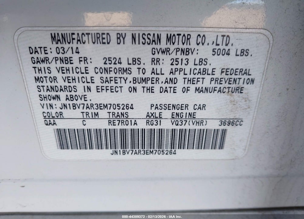 2014 INFINITI Q50 PREMIUM VIN: JN1BV7AR3EM705264