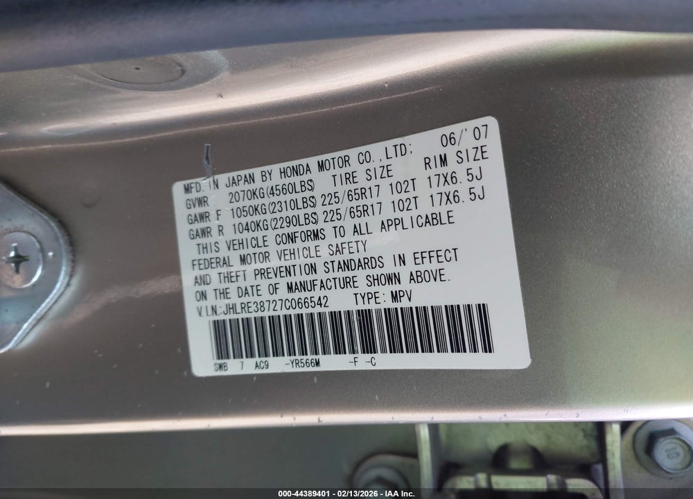 2007 HONDA CR-V EX-L VIN: JHLRE38727C066542