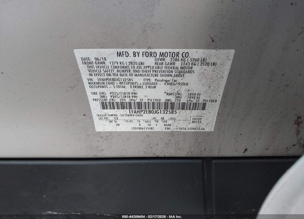 2018 FORD TAURUS SEL VIN: 1FAHP2E80JG132585