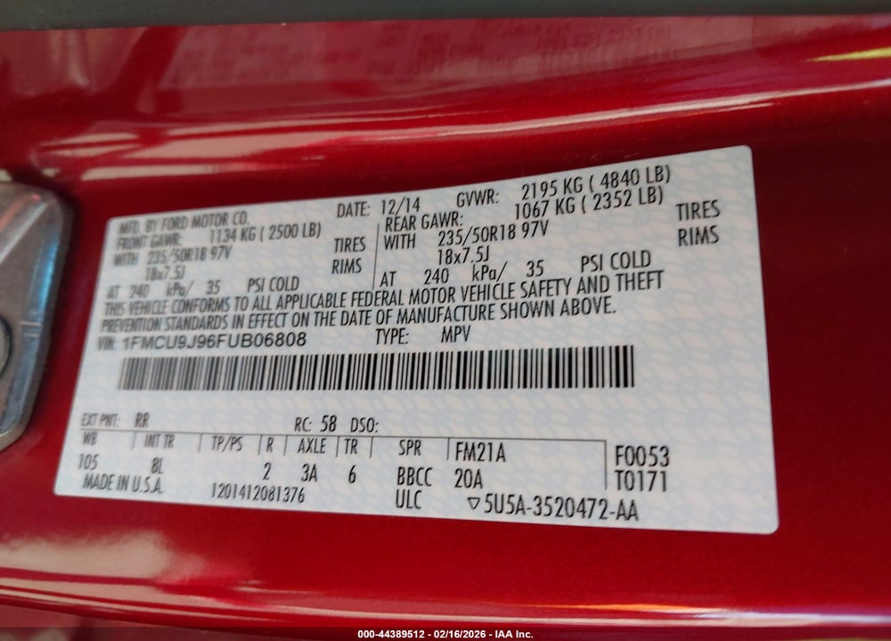 2015 FORD ESCAPE TITANIUM VIN: 1FMCU9J96FUB06808