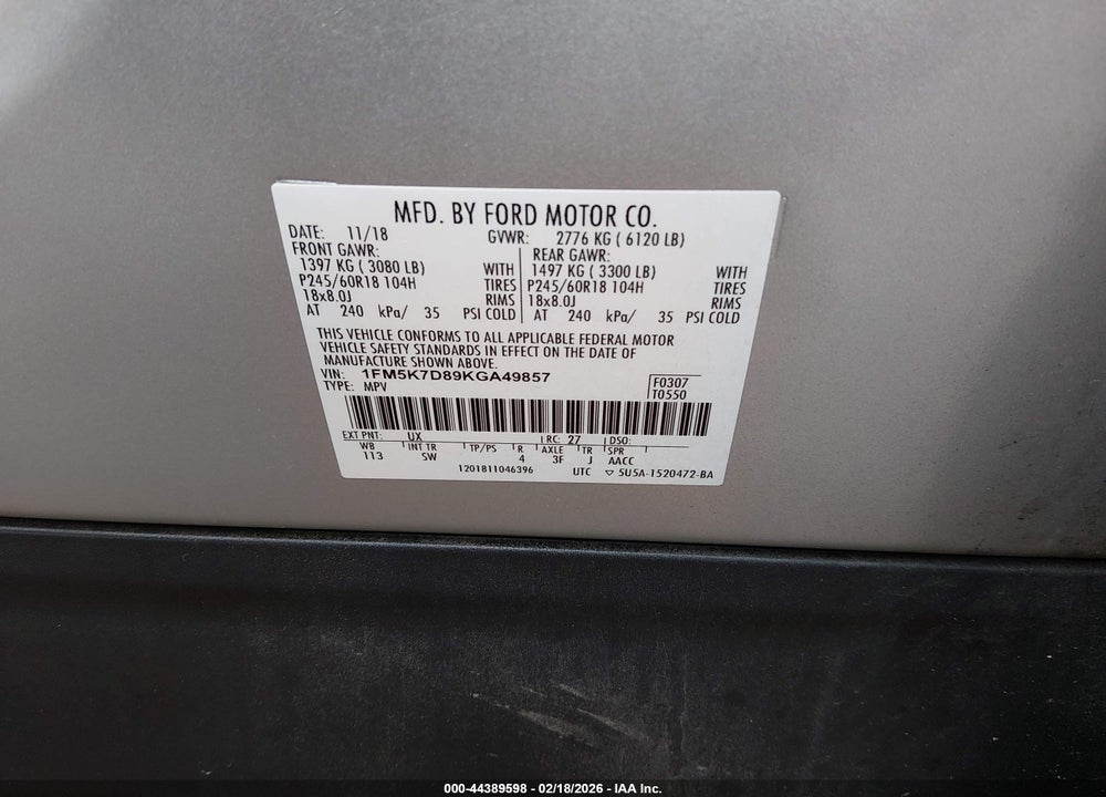 2019 FORD EXPLORER XLT VIN: 1FM5K7D89KGA49857