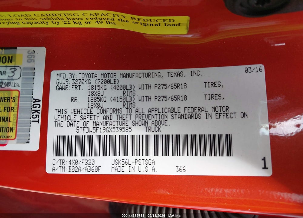 2016 TOYOTA TUNDRA SR5 5.7L V8 VIN: 5TFDW5F19GX539585