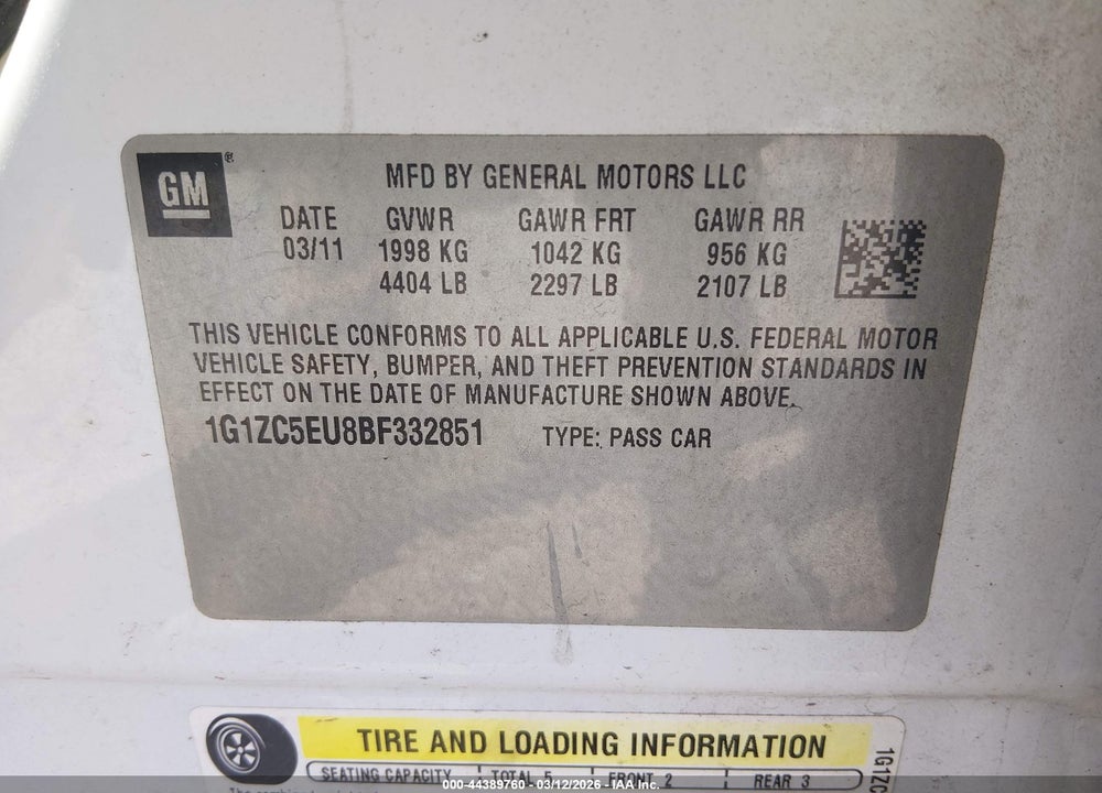 2011 CHEVROLET MALIBU 1LT VIN: 1G1ZC5EU8BF332851