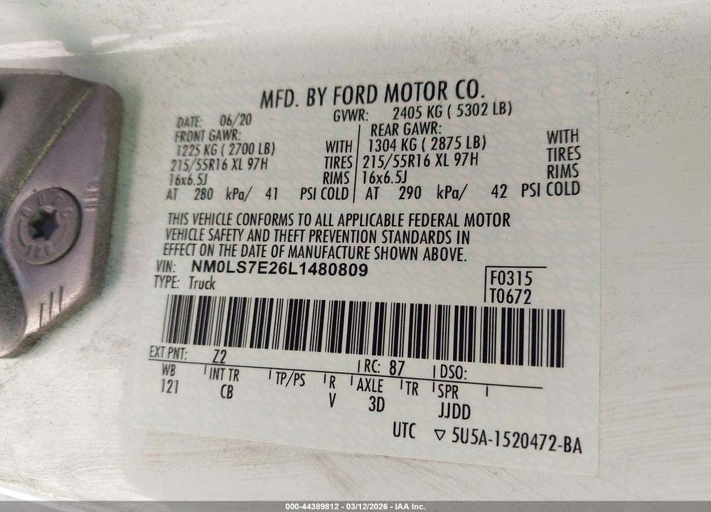 2020 FORD TRANSIT CONNECT XL VIN: NM0LS7E26L1480809