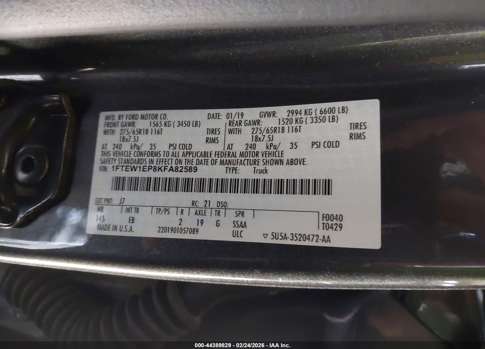 2019 FORD F-150 LARIAT VIN: 1FTEW1EP8KFA82589
