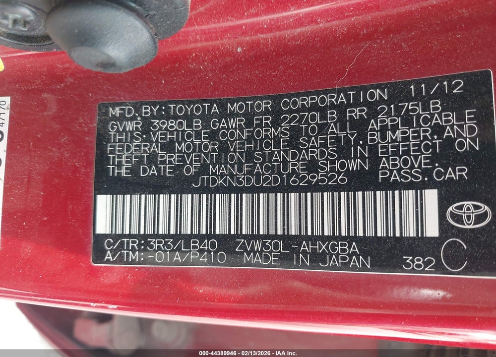 2013 TOYOTA PRIUS FOUR VIN: JTDKN3DU2D1629526