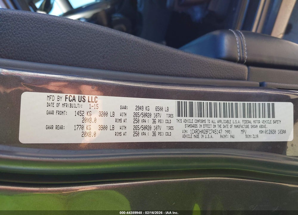 2015 DODGE DURANGO SXT VIN: 1C4RDHAG9FC745147