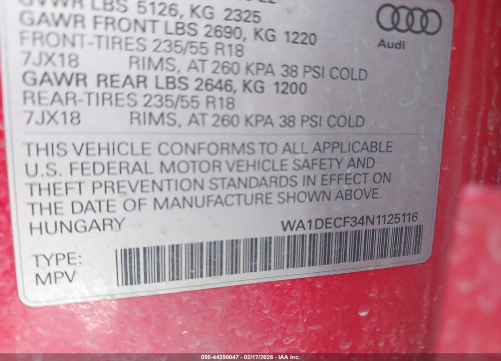 2022 AUDI Q3 PREMIUM 45 TFSI S LINE QUATTRO TIPTRONIC VIN: WA1DECF34N1125116