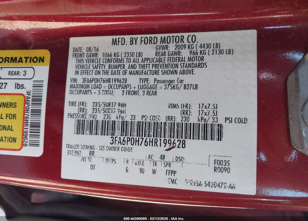 2017 FORD FUSION SE VIN: 3FA6P0H76HR199628