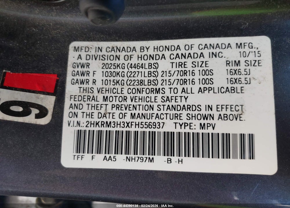 2015 HONDA CR-V LX VIN: 2HKRM3H3XFH556937