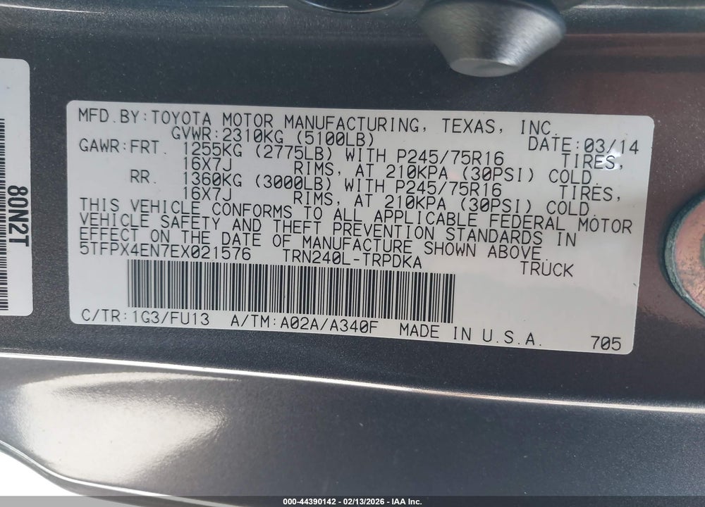 2014 TOYOTA TACOMA VIN: 5TFPX4EN7EX021576