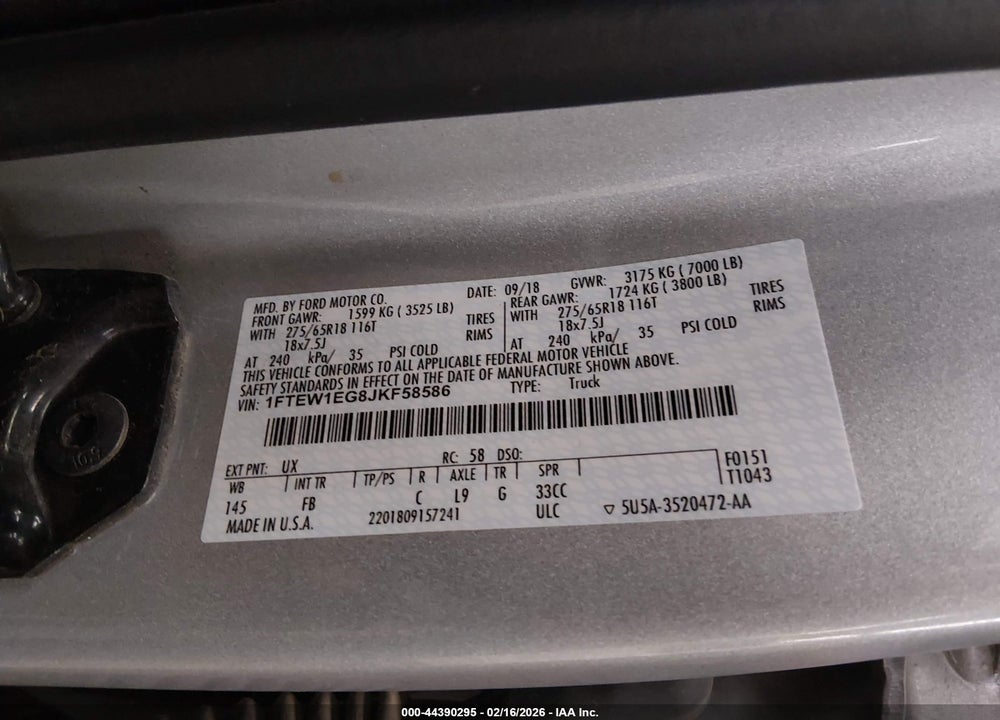2018 FORD F-150 XLT VIN: 1FTEW1EG8JKF58586