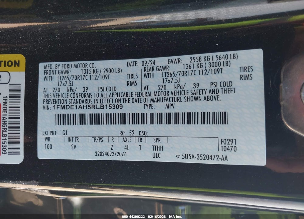 2024 FORD BRONCO BLACK DIAMOND VIN: 1FMDE1AH5RLB15309