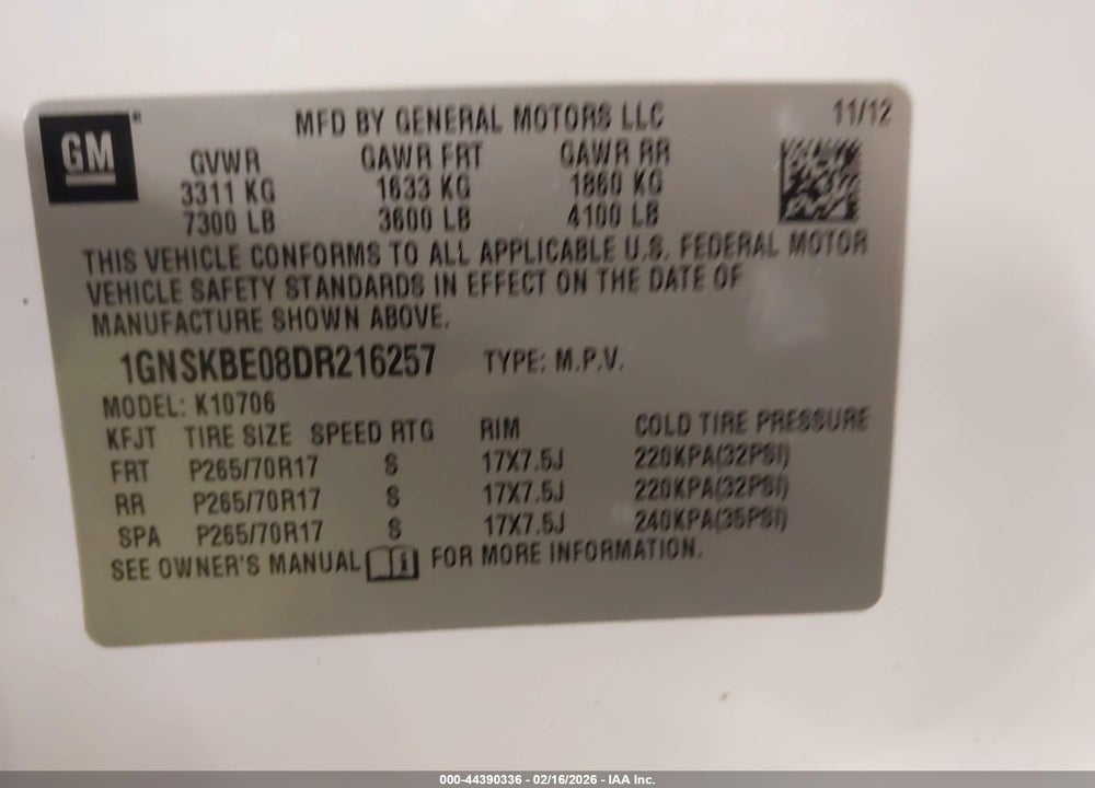 2013 CHEVROLET TAHOE LT VIN: 1GNSKBE08DR216257