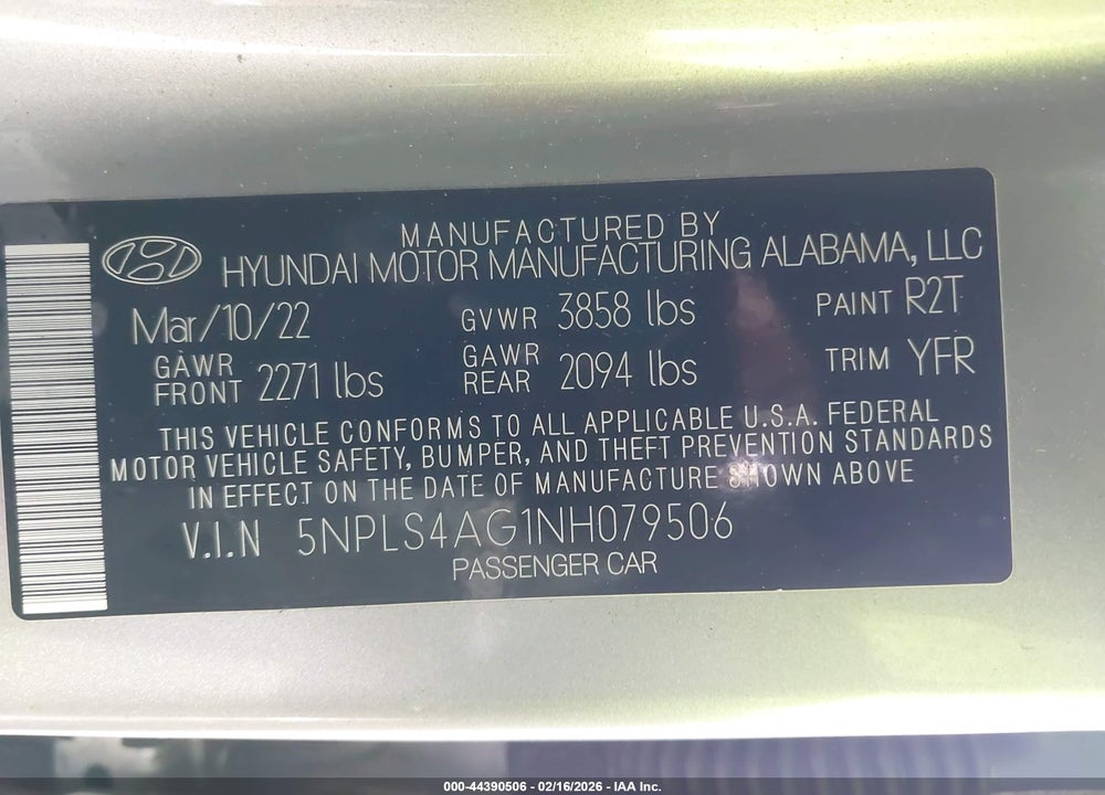 2022 HYUNDAI ELANTRA SEL VIN: 5NPLS4AG1NH079506