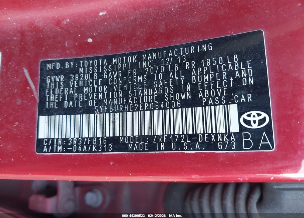 2014 TOYOTA COROLLA LE VIN: 5YFBURHE2EP064006