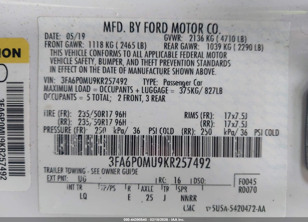 2019 FORD FUSION HYBRID SEL VIN: 3FA6P0MU9KR257492