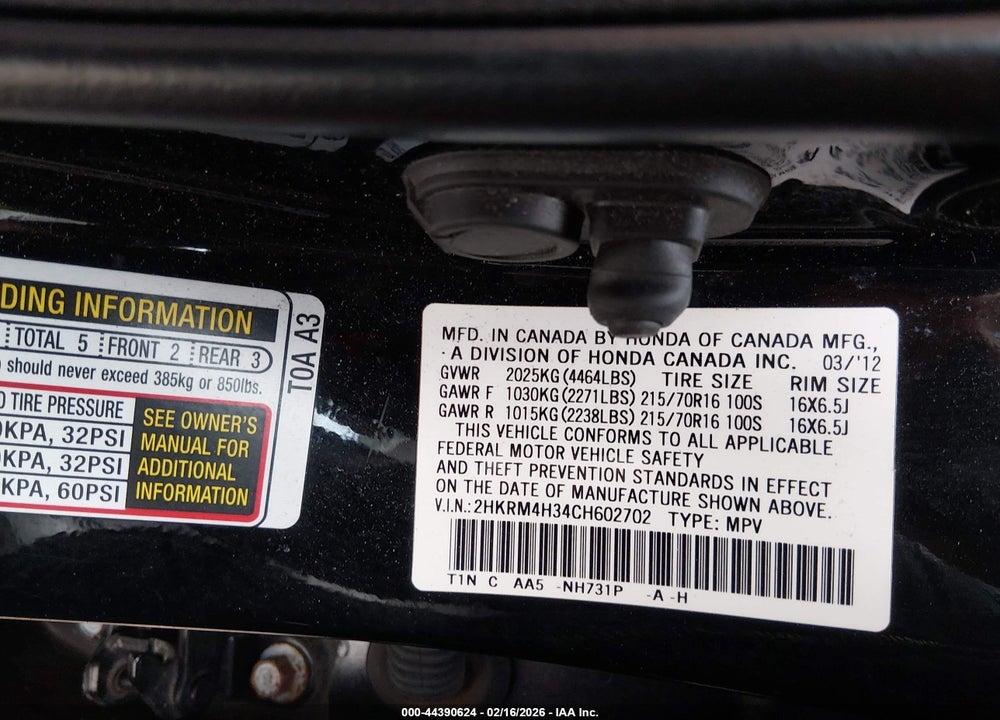 2012 HONDA CR-V LX VIN: 2HKRM4H34CH602702