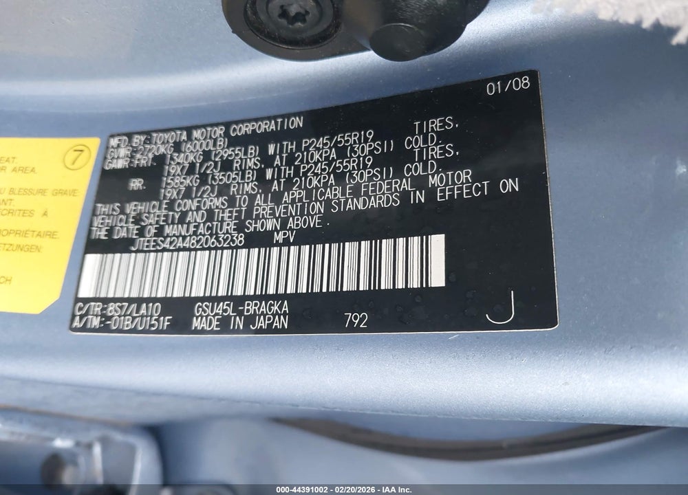 2008 TOYOTA HIGHLANDER LIMITED VIN: JTEES42A482063238