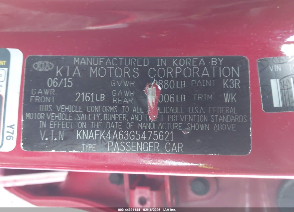 2016 KIA FORTE LX VIN: KNAFK4A63G5475621