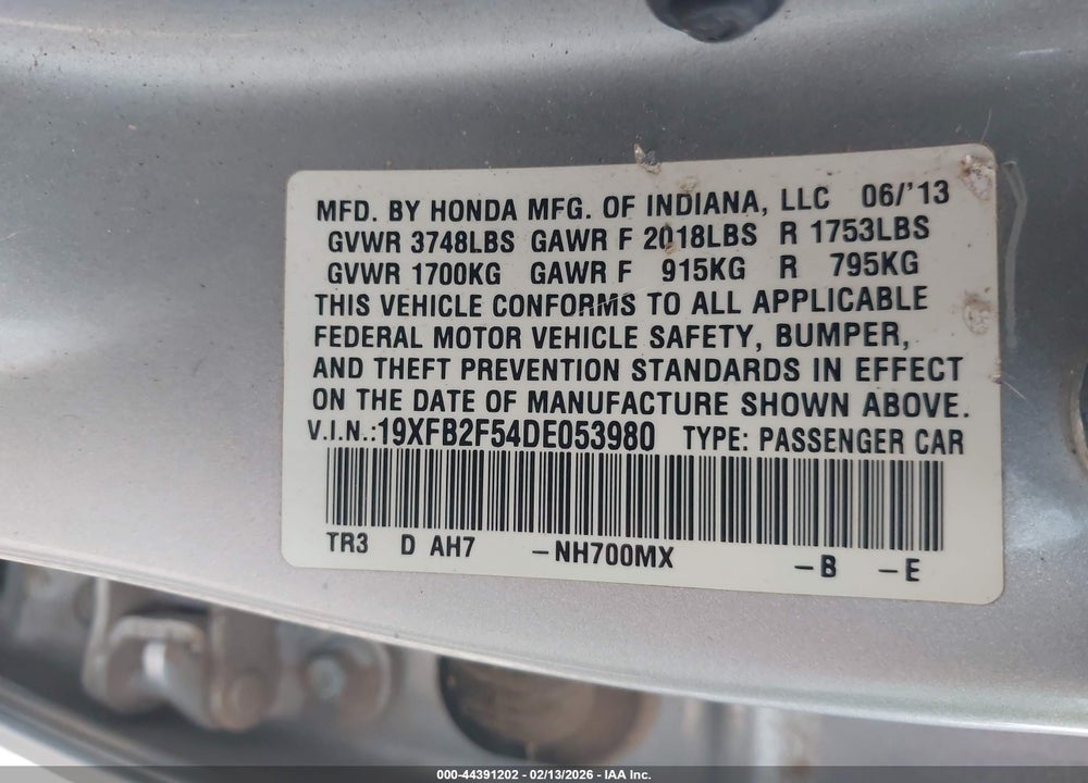 2013 HONDA CIVIC LX VIN: 19XFB2F54DE053980