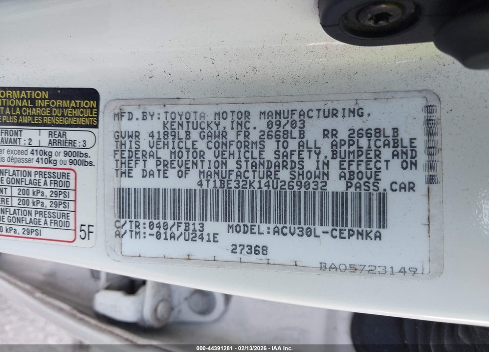 2004 TOYOTA CAMRY LE/XLE/SE VIN: 4T1BE32K14U269032